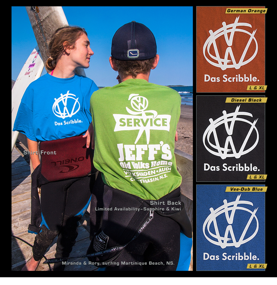 T-Shirt Design and Printing - Jeff’s Old Volks Home, Chester NS - fun visual play on VW Das Auto campaign - design, illustration, management, printing.